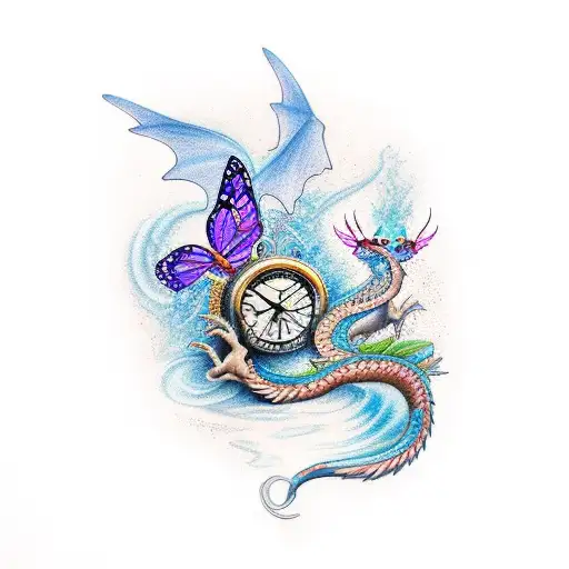 Butterfly With Waterfall Clock And Dragon