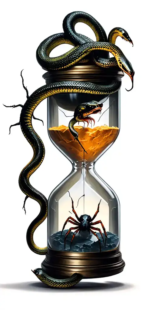Broken Hour Glass With Snakes And Spiders