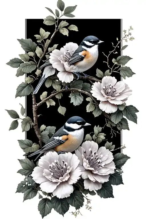 Chickadees Perched With Woldflowers And Trees