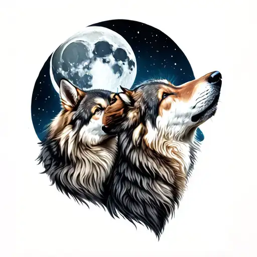 Two Wolves In Profile Howling At The Moon With Sara Hidden In The Fur Of One