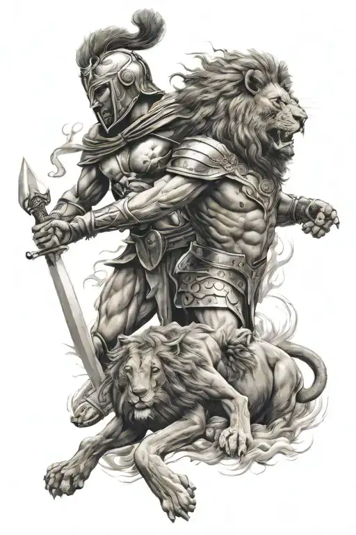 Spartan Warrior Facing Off Against A Fierce Lion In Battle