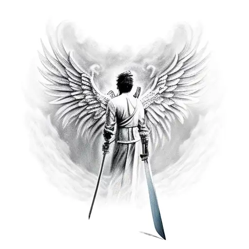 Male Angel Coming Out Of Clouds With Sword