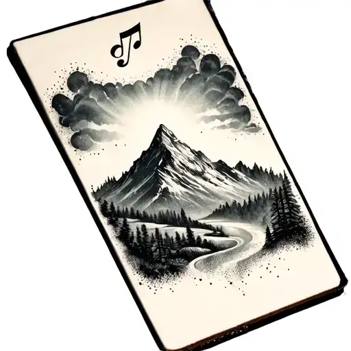 A Dotwork Tattoo Featuring A Mountain Landscape With A Hidden Musical Symbol In The Sky