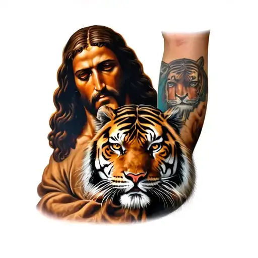 Tattoo On The Forearm Of Jesus With A Tiger Underneath