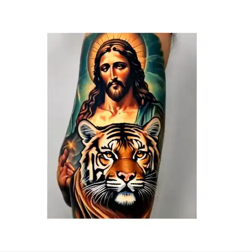 Tattoo On The Forearm Of Jesus With A Tiger Underneath