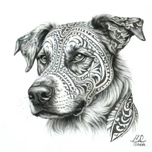 A Realistic Portrait Of A Dog With Intricate Patterns And Designs Inspired By Animals