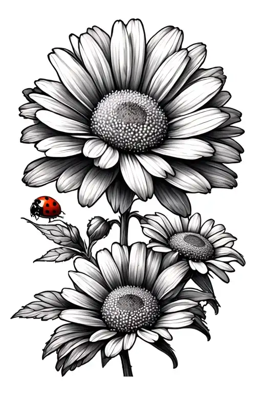 Fine Line Marguerite Flowers With Ladybug On Stem Fine