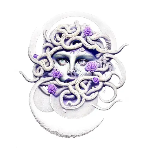 Medusa With Purple Flowers And Moon