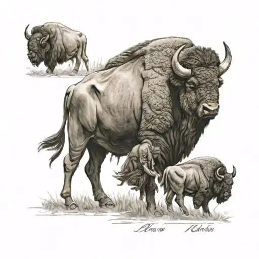 Kansas Theme With Buffalo And A Father Holding Hands With His Sons