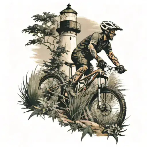 A Mountain Biker Riding Through A Forest Of Plants With A Lighthouse In The Background