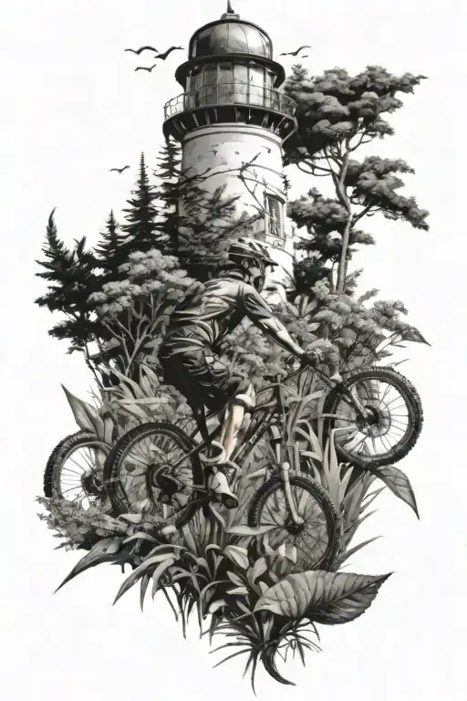 A Mountain Biker Riding Through A Forest Of Plants With A Lighthouse In The Background