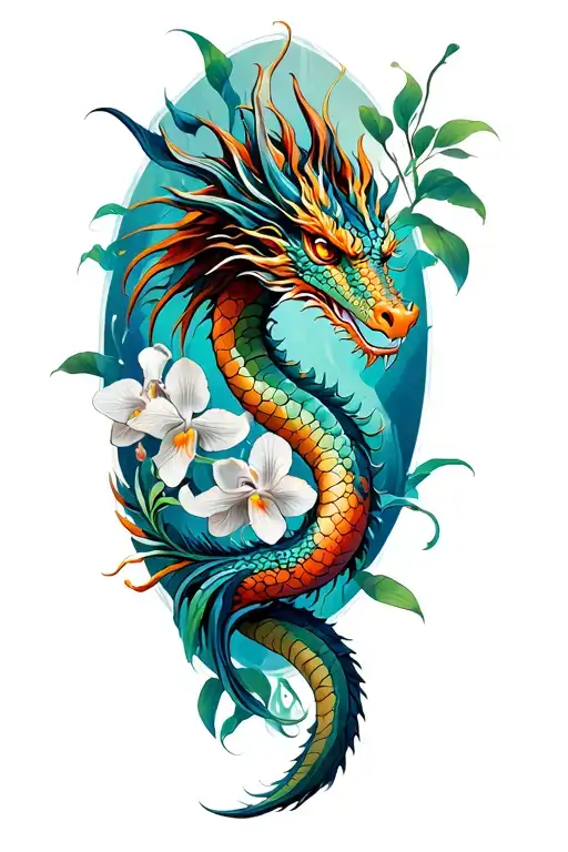 Full Leg Tattoo Dragon And Orchids