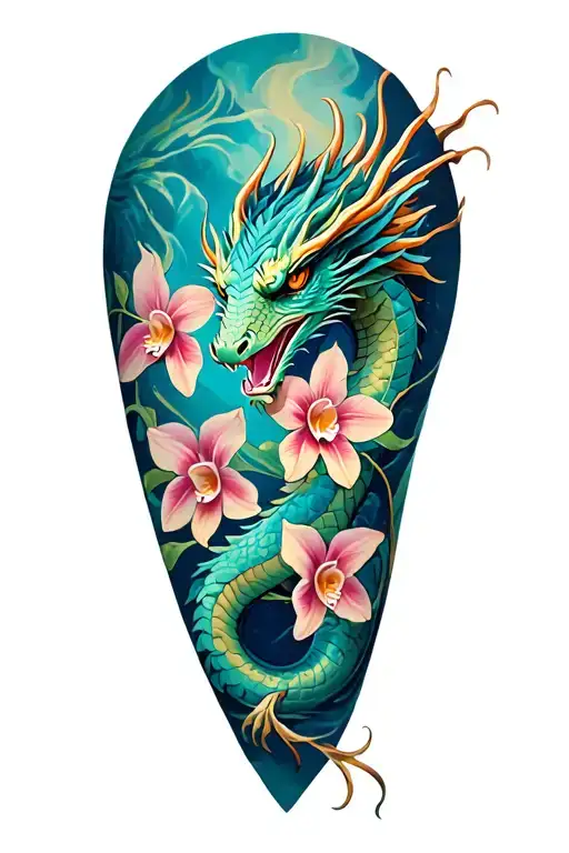 Full Leg Tattoo Dragon And Orchids