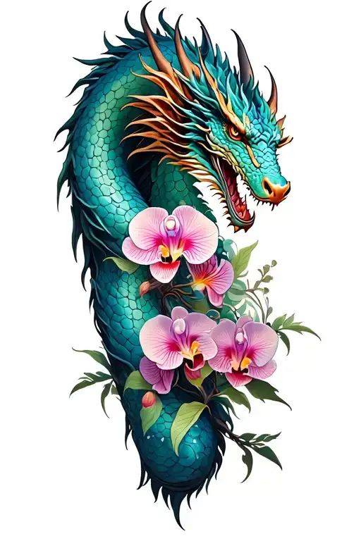 Full Leg Tattoo Dragon And Orchids
