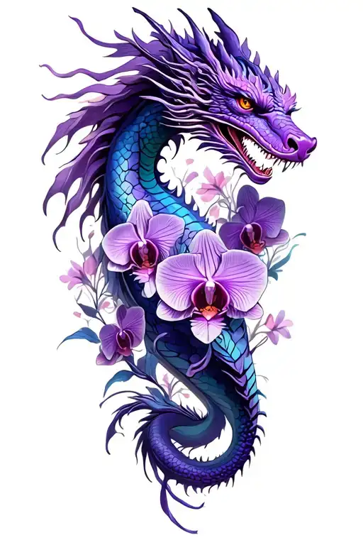 Full Leg Tattoo Purple Dragon And Orchids