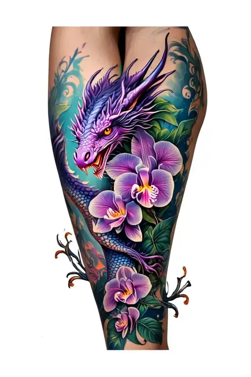 Full Leg Tattoo Purple Dragon And Orchids