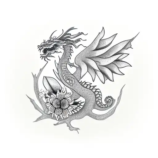 Tree With Flowers Birds Butterfly And Chinese Dragon