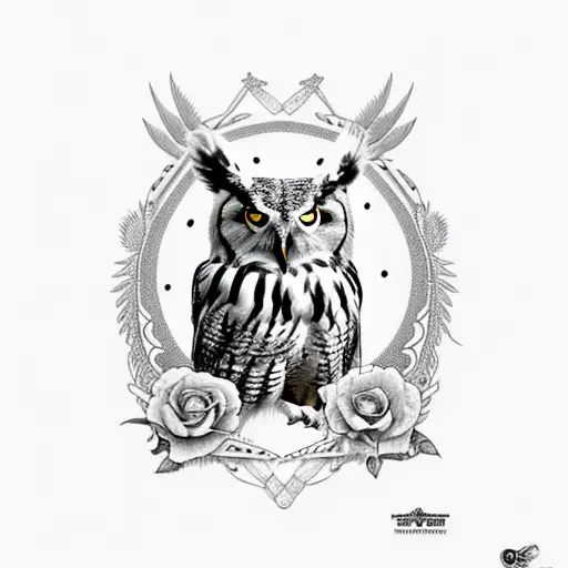 B&w Eagle Owl With Skulls And Indian Woman