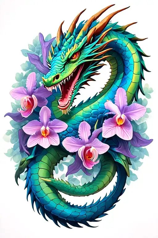 Dragon With Orchids Intertwined
