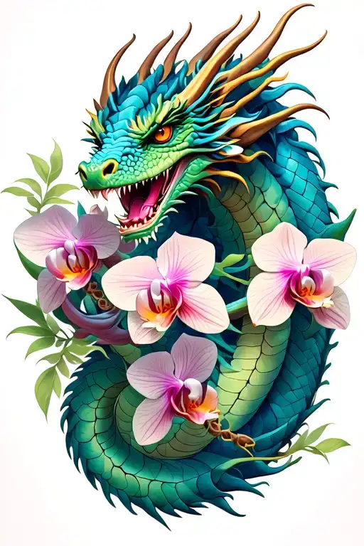 Dragon With Orchids Intertwined