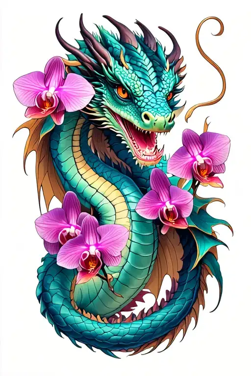 Dragon With Orchids Intertwined