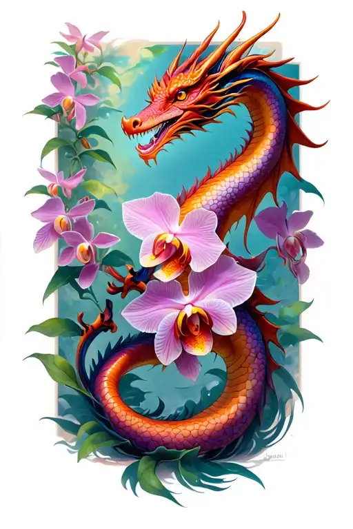 Dragon With Orchids Intertwined
