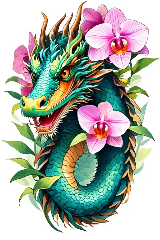 Dragon With Orchids Intertwined