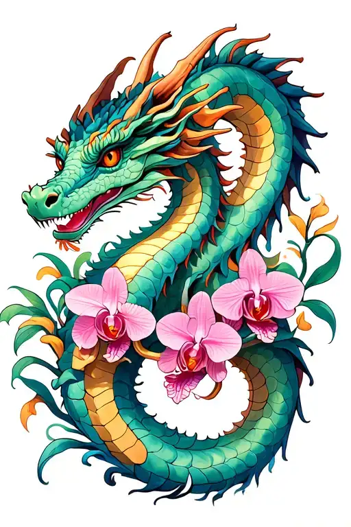 Dragon With Orchids