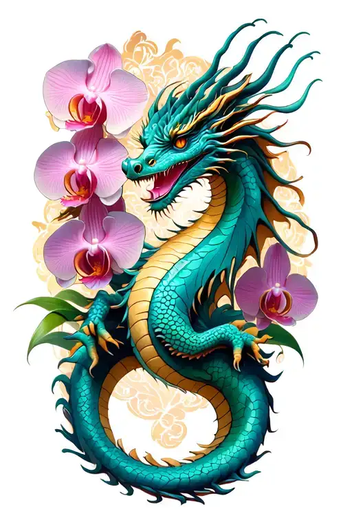 Dragon With Orchids