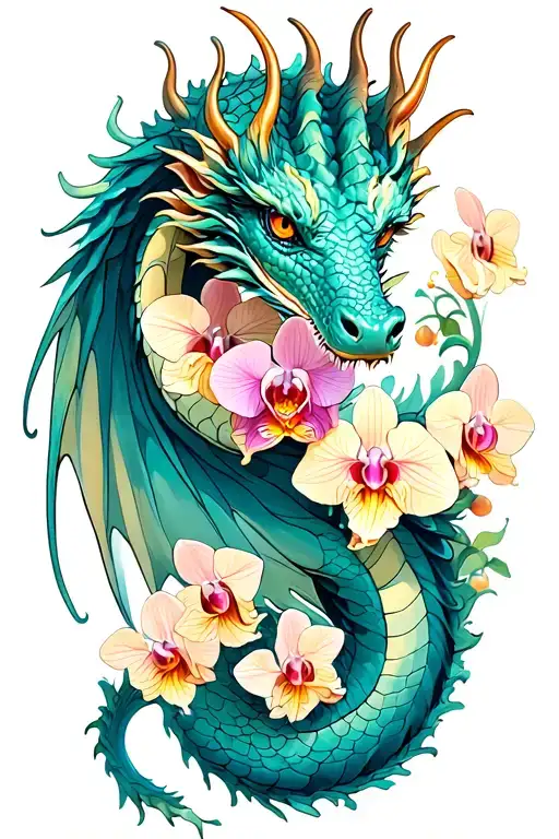 Dragon With Orchids