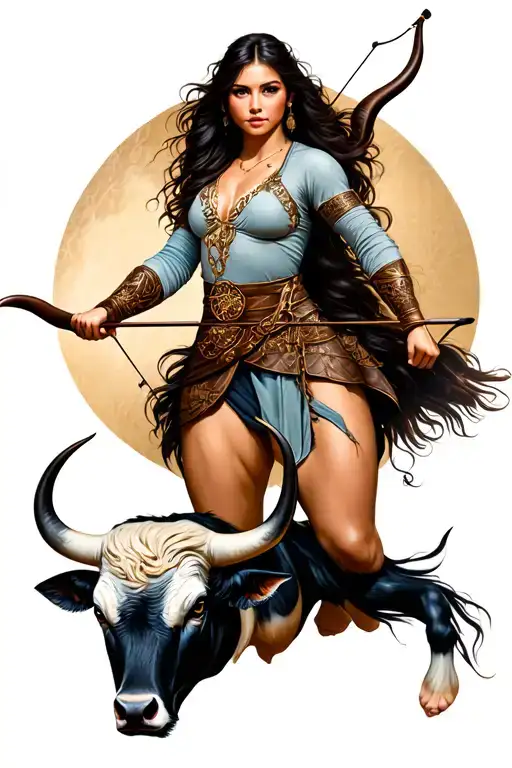 Female Archer And Bull In A Frame Reminiscent