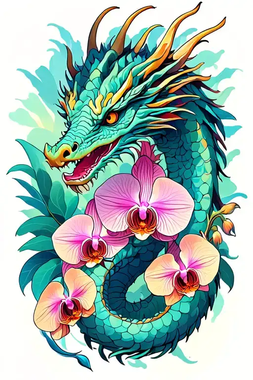 Dragon With Orchids
