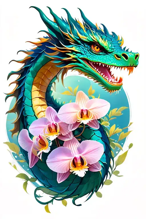 Dragon With Orchids Daisies