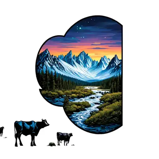 Glacier Mountain Montana With Open Range And Cows With Night Time Scene And Rivers