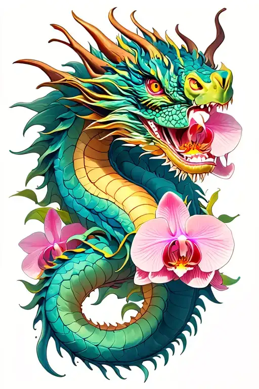 Dragon With Orchids Intertwined