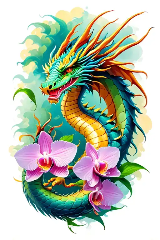 Dragon With Orchids Intertwined