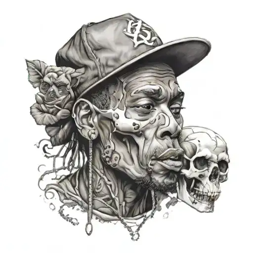 A Realistic Portrait Of A Famous Hip-hop Artist With A Pet Skull Incorporated Into The Design