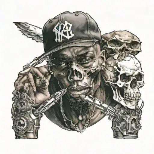 A Realistic Portrait Of A Famous Hip-hop Artist With A Pet Skull Incorporated Into The Design