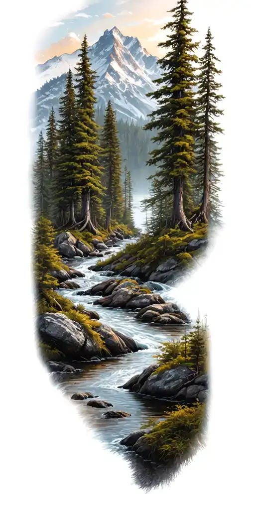 A Dense Forest With A Stream And Mountains In The Background