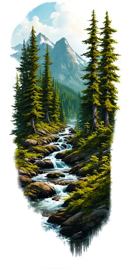 A Dense Forest With A Stream And Mountains In The Background