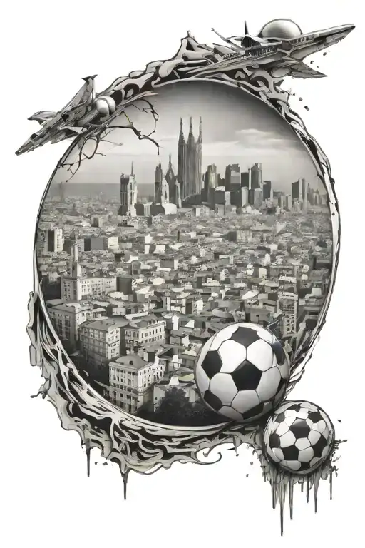 A Realistic Black And White Tattoo Of A Barcelona Skyline With A Hidden Soccer Ball In The Design
