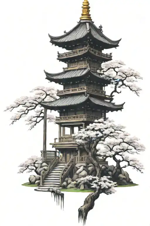 Japanese Pagoda With Cherry Blossom Tree Samurai Warrior