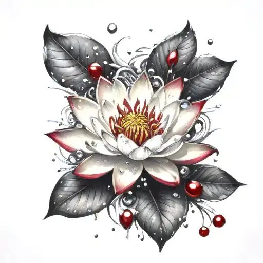 Water Lilly Flower And Ruby Gemstone Surrounded My Rain