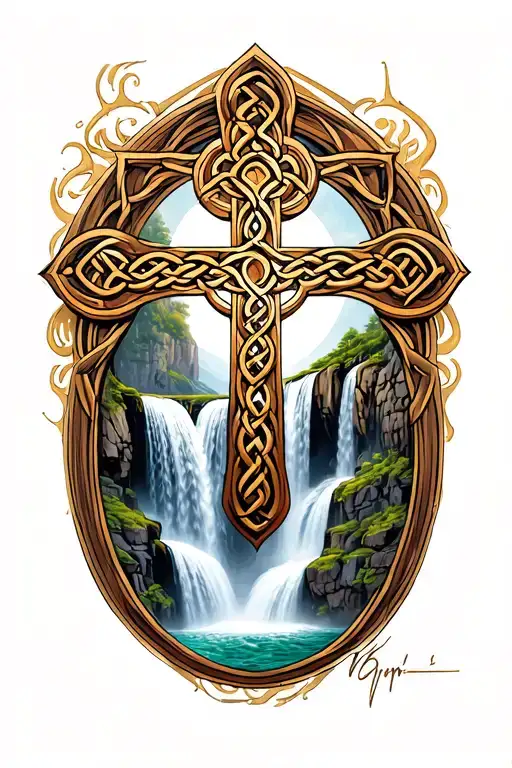 Celtic Cross And Waterfall