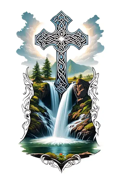 Celtic Cross And Flowing Waterfall
