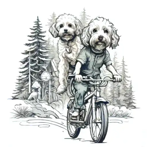 A Realistic Portrait Of Kellie And The Maltipoo Biking Together Through A Forest