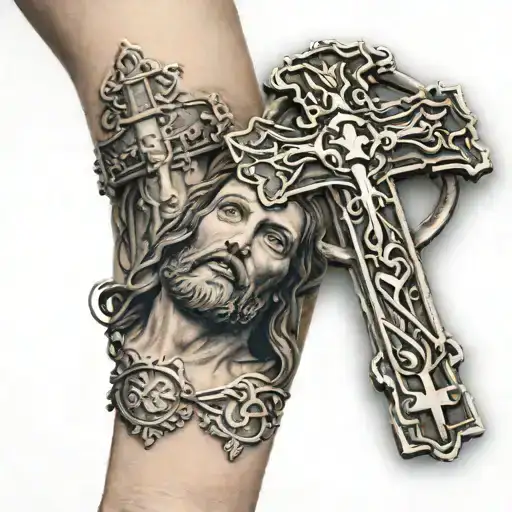 Jesus Cross Tattoo For Right Forearm With Rosary Wrapped