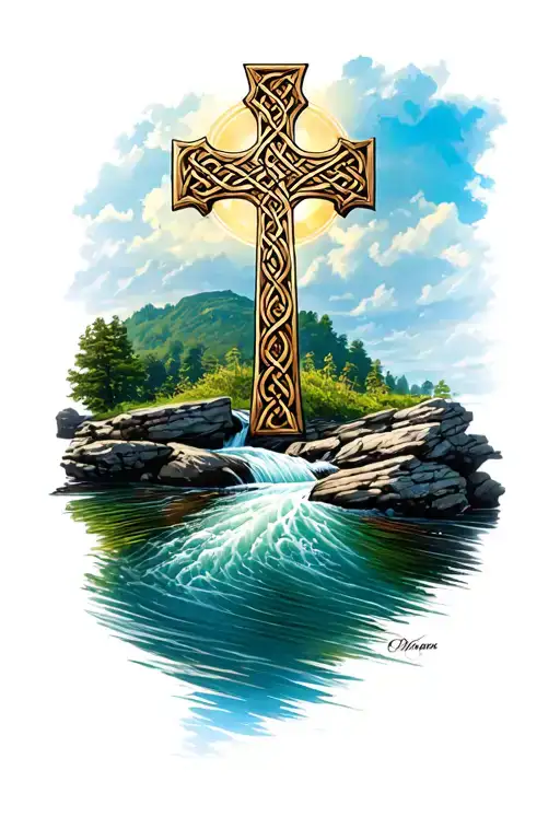 Celtic Cross At The Top Of A Flowing River