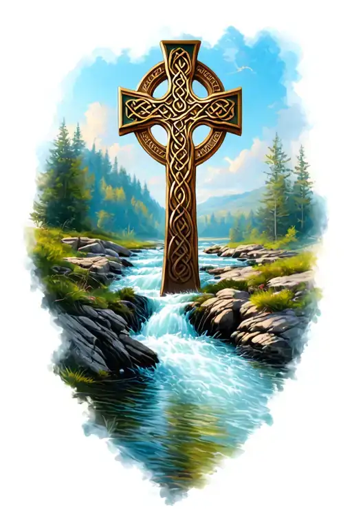 Celtic Cross At The Top Of A Flowing River