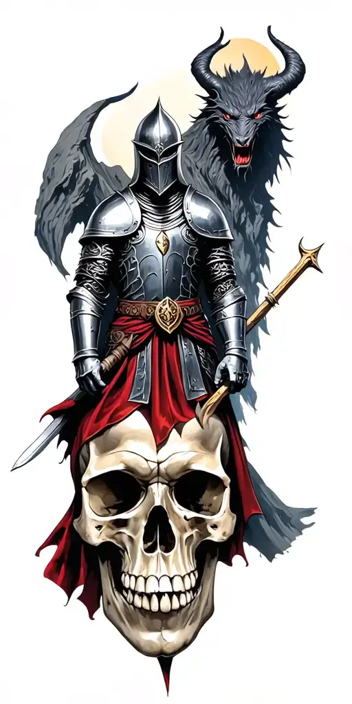 Medieval Knight Standing On A Skull Mountain With A Demon Behind Him